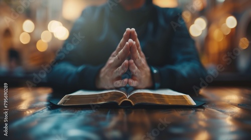 Praying hands with faith in religion and belief in God with Bible.