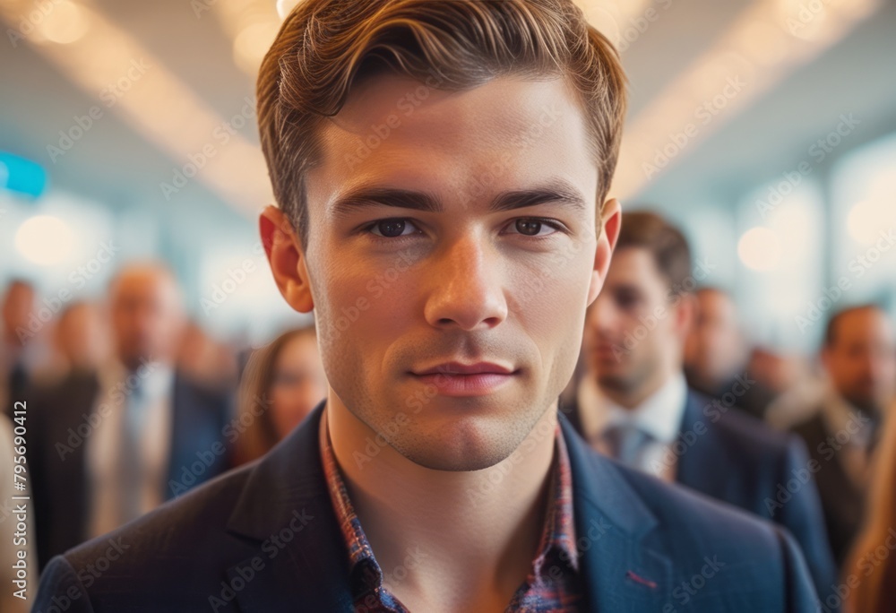 Handsome young businessman with a confident look in a crowd. Represents leadership and professionalism. Handsome young businessman with a confident look in a crowd. Represents leadership and professionalism.