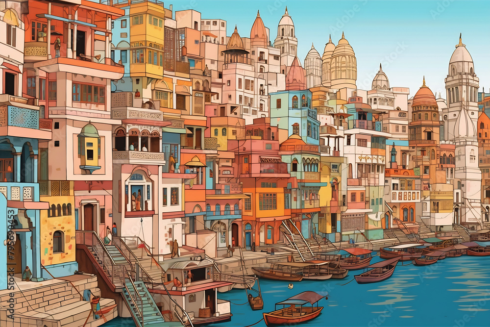 Varanasi urban landscape. Pattern with houses. Illustration
