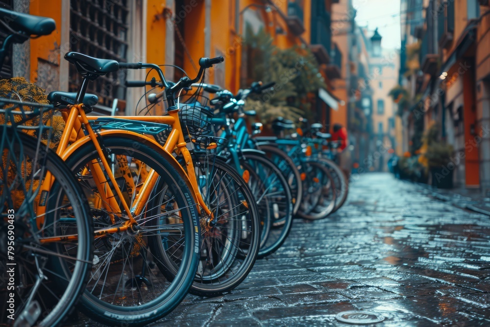 Eco friendly bicycle concept. Car free day. Cyclist's Day. World bicycle day. World car free day. A row of bicycles parked on a city street. Bicycles on Cyclist's Day Eco friendly bicycle concept. Car free day. Cyclist's Day. World bicycle day. World car free day. A row of bicycles parked on a city street. Bicycles on Cyclist's Day