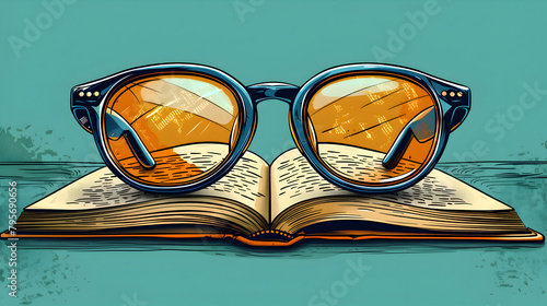 A simple depiction of a pair of glasses on a book