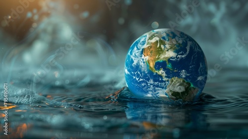 Global boiling, severity of extreme heat events. Planet Earth Submerged in Water, Conceptual Image Reflecting Climate Change and Rising Sea Levels 