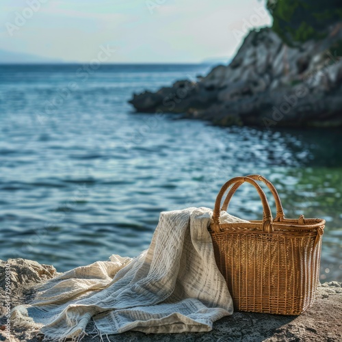 blanket and wicker bag by the ocean