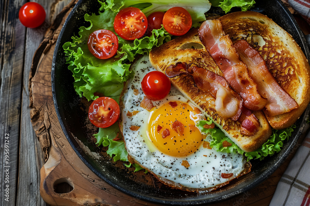 Skillet With Eggs, Bacon, Tomatoes, Lettuce Skillet With Eggs, Bacon, Tomatoes, Lettuce