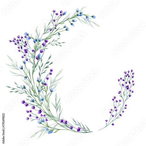 Purple  blue flowers and spikelet. Spring  summer green herbs. Wreath of meadow  forest wildflowers. Floral frame of blooming field plants. Watercolor illustration with copy space for text