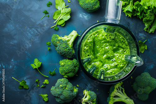 Blender With Green Liquid and Broccoli