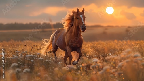 Wild horses gallop through blooming meadows and sunlit hills with flowers. Concept Nature Photography, Wildlife, Scenic Landscapes, Wild Horses, Blooming Meadows