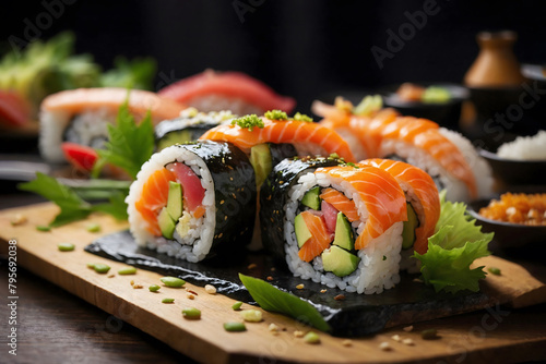 Sushi on a dark background. Restaurant cuisine. Japanese cuisine.