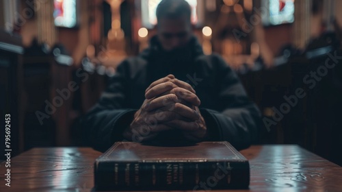 Praying hands with faith in religion and belief in God with Bible. photo