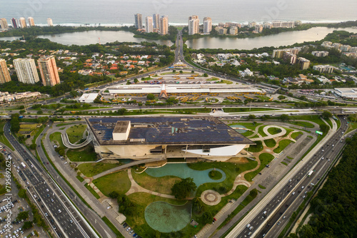 Aerial View of Barra da Tijuca District With Alvorada Bus Terminal, Cidade das Artes Cultural Complex and Ocean in the Horizon in Rio de Janeiro