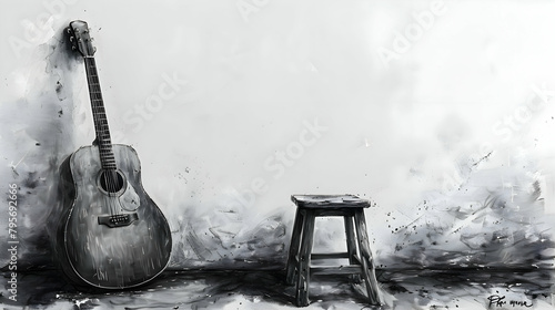 A simple drawing of a minimalist guitar leaning against an empty stool photo