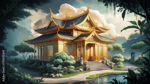a golden teahouse adorned with intricate gold accents, the tea house surrounded lush gardens with vibrant foliage and tranquil water photo