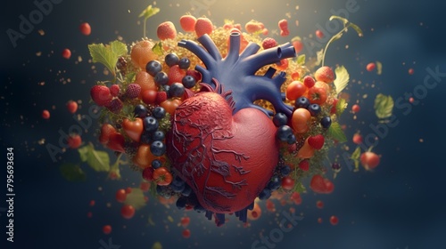 Human heart with fruits and vegetables. 3D illustration. Medical background.