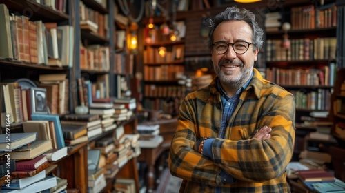 a man is standing in a bookstore with his arms crossed