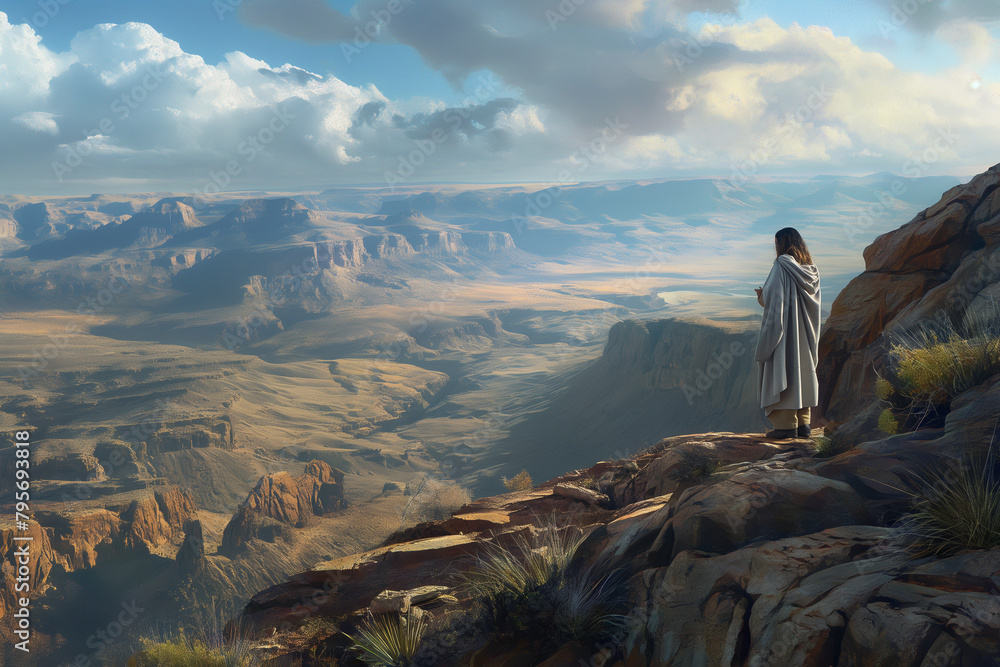 A timeless depiction of Jesus standing on a rugged cliff overlooking the Judean wilderness, his face lifted towards the vast expanse of the sky in reverent prayer, with the rugged