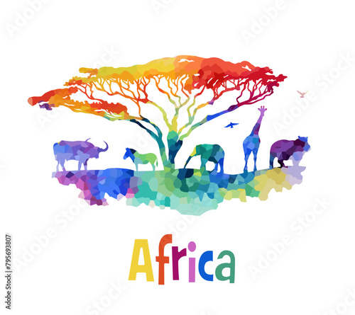Welcome to Africa poster. Africa abstract animals colored silhouette. hand drawing. Not AI, Vector illustration