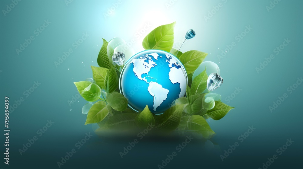 Ecology concept with green planet and leafs on abstract blue background Ecology concept with green planet and leafs on abstract blue background