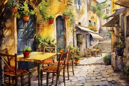 Busy street scene with tables and chairs © Canvas Alchemy