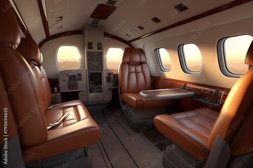 Luxury interior in the modern business jet and sunlight at the window. Sky and clouds through the porthole Luxury interior in the modern business jet and sunlight at the window. Sky and clouds through the porthole