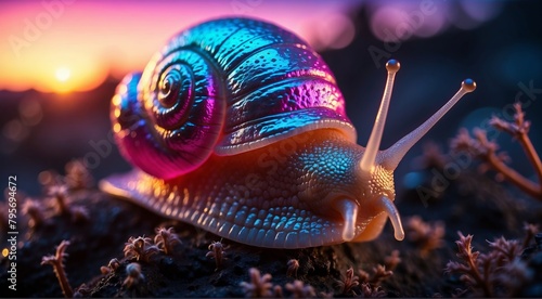 Close-up portrait of a snail at sunset