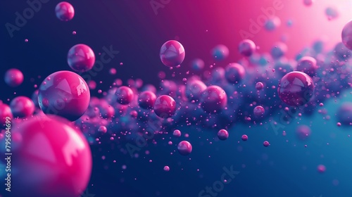 Abstract digital art with shiny spheres in pink to blue gradient. Vibrant particles