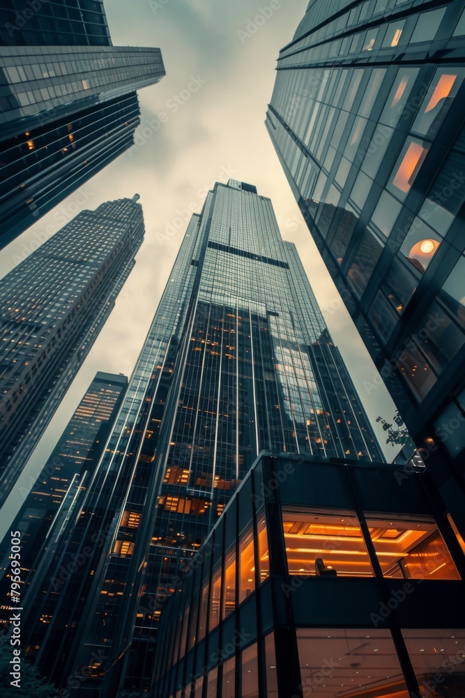 Naklejka premium Upward view of skyscrapers with glowing windows against a moody sky. Skyscrapers reaching into a brooding sky, embodying urban financial might
