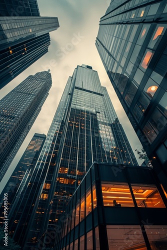 Upward view of skyscrapers with glowing windows against a moody sky. Skyscrapers reaching into a brooding sky  embodying urban financial might