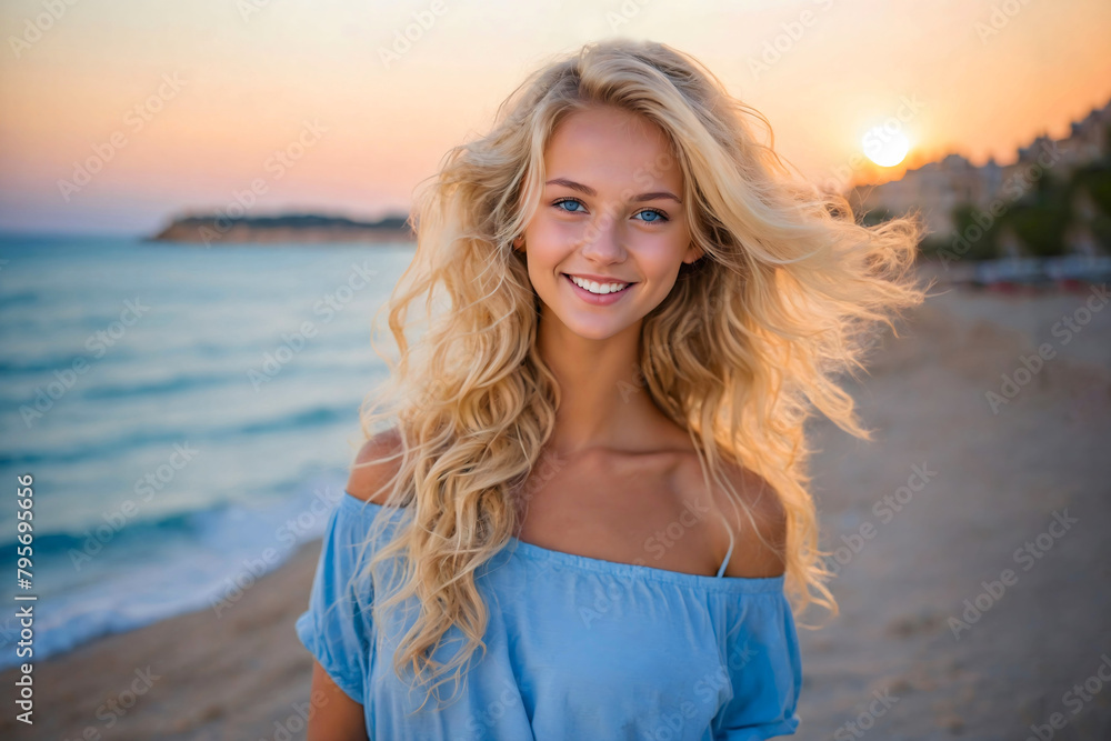 A beautiful blonde girl with blue eyes.Portrait on the beach at sunset.