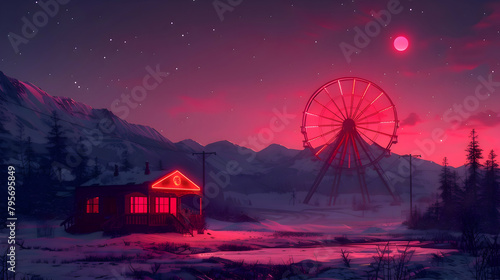 A simple geometric illustration of a Ferris wheel at dusk