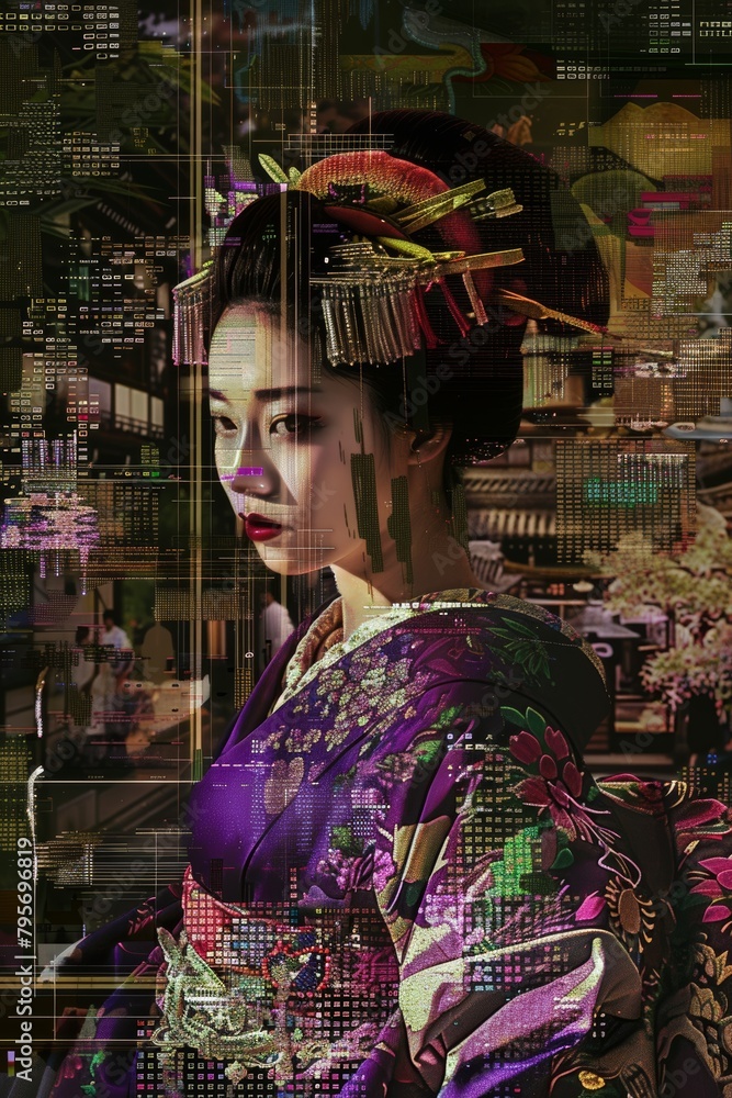 Image of geisha woman in japanese kimono illustrations. 