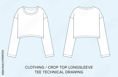 Blank Crop Top Longsleeve, Apparel Blueprint for Fashion Designers. Detailed Editable Vector Illustration, Black and White Women's Clothing Schematics, Isolated Background. 