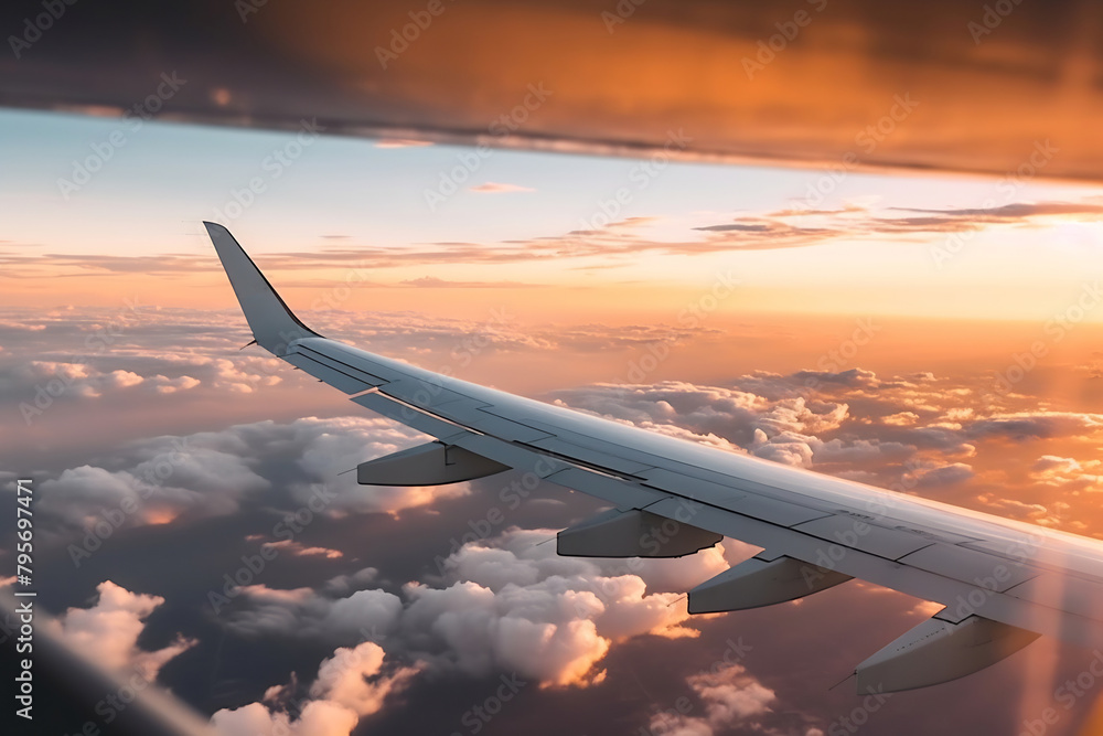 Airplane is flying above the sunset or sunrise clouds, travel trip vacation Airplane is flying above the sunset or sunrise clouds, travel trip vacation