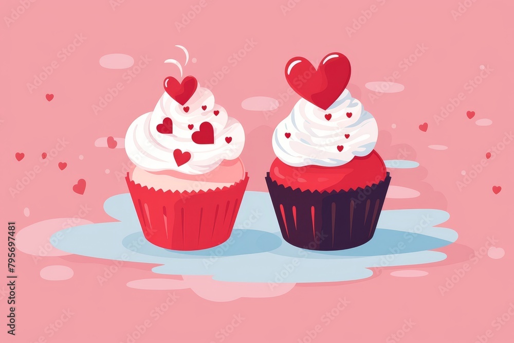 Two cartoon cupcakes with white frosting and red heart decorations sit on a table against a pink background. Two cartoon cupcakes with white frosting and red heart decorations sit on a table against a pink background.