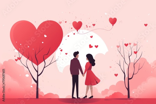 A man and a woman are standing in front of a pink background with a large red heart in the background. The man and woman are both wearing red and holding hands. There are also several smaller hearts f