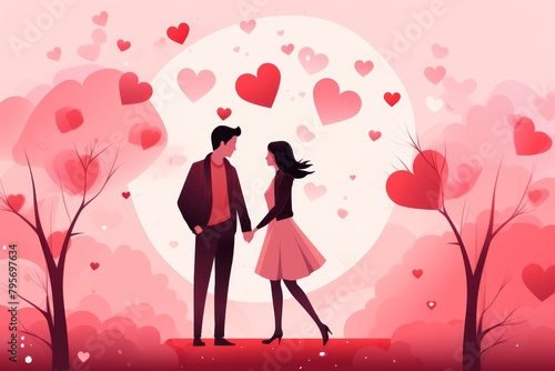A man and a woman are standing in front of a pink background with a full moon behind them. There are pink trees with heart-shaped leaves on either side of them, and red heart balloons are floating aro
