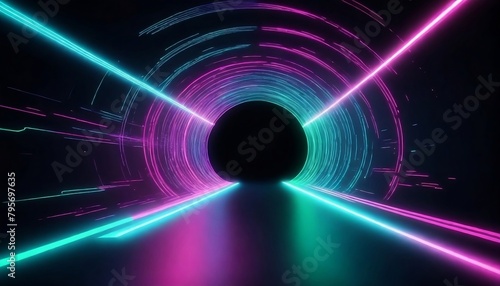 abstract futuristic background portal tunnel with pink blue and green glowing neon moving high speed wave lines and flare lights. Data transfer concept Science style wallpaper generative ai