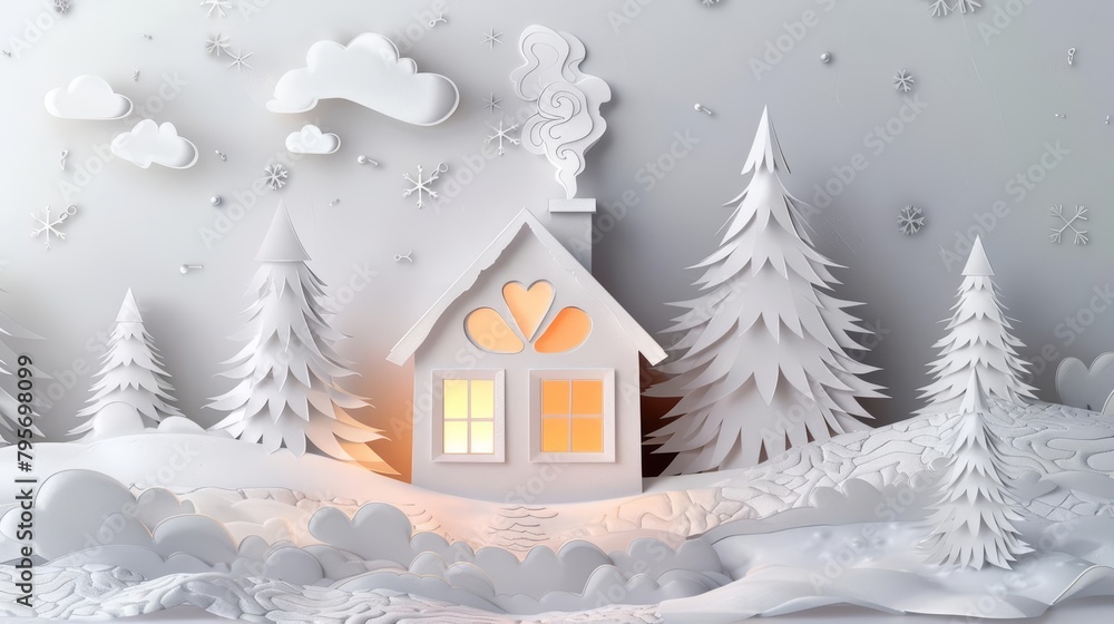 A cozy papercut cottage, windows glowing with warm light, sits nestled amongst papercut snowcovered trees Smoke curls from a chimney in the shape of a heart, a symbol of warmth and comfort in the wint