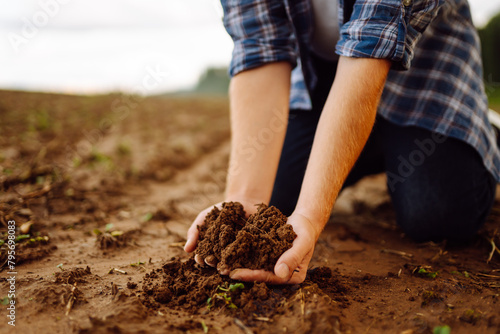 Male hands touching soil on the field. Farmer is checking soil quality before sowing wheat. Environmental, earth day
