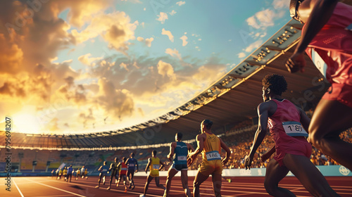 Athletes run on a running track in an outdoor stadium at the World Cup or Olympic Games