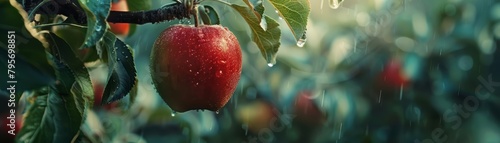 A macro view of an apple hanging from a techinfused tree, where each fruit is a bioreactor, converting natural sugars into clean, sustainable energy photo