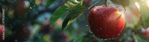 A macro view of an apple hanging from a techinfused tree, where each fruit is a bioreactor, converting natural sugars into clean, sustainable energy photo