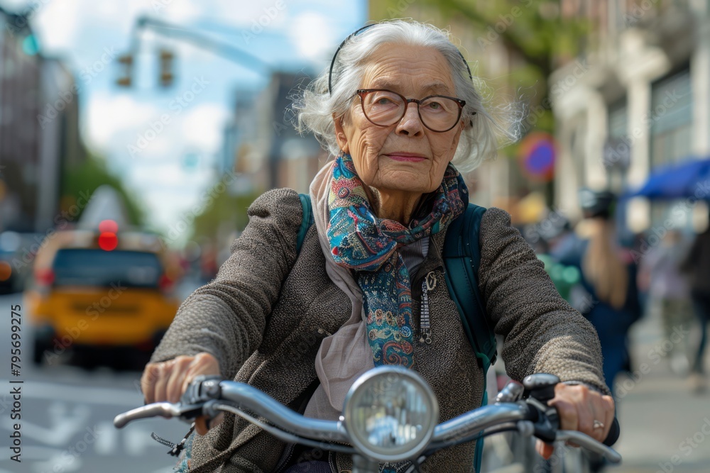 World car free day. Eco friendly bicycle concept. Car free day. World bicycle day. Cyclist's Day. Old woman is driving her bicycle. Bicycles on Cyclist's Day