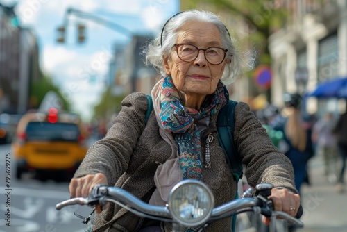 World car free day. Eco friendly bicycle concept. Car free day. World bicycle day. Cyclist's Day. Old woman is driving her bicycle. Bicycles on Cyclist's Day © Anastasia