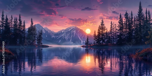 An idyllic scene unfolds: a serene purple lake nestled amidst majestic mountains, evoking tranquility and wonder. photo