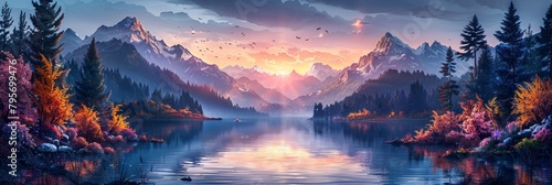 A picturesque landscape with a serene lake reflecting the majestic purple hues of sunrise or sunset. photo
