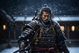 A Japanese samurai with a sword on the background of a Japanese village, it is snowing.