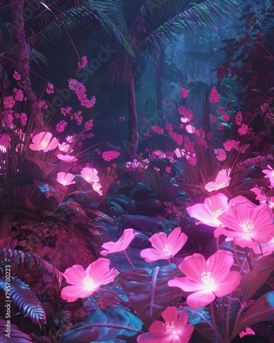 Pink flowers in a dark forest with blue light