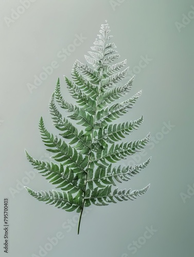 A green frond of a fern on a pale green background. photo