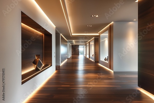Modern hallway with sleek  dark wood floors contrasted against crisp  white walls and a striking  geometric ceiling design.