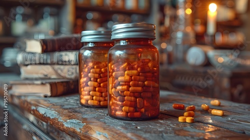 Prescription Bottles Containing Beta-Blockers and Antipsychotics Arranged on a Distressed Wooden Surface with Medical Equipment in the Backdrop photo